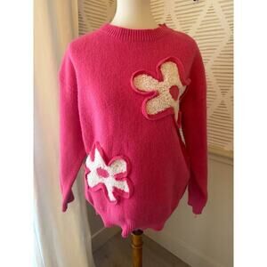 Boutique Women’s Small Hot Pink & White 3D Flower Sweater